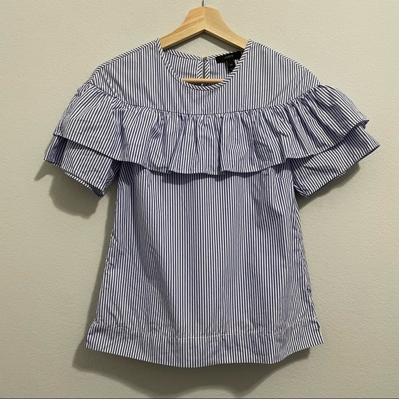 J. Crew Blouse Cotton Edie Ruffle Seersucker Striped Blue White Womens 00 - Picture 8 of 12